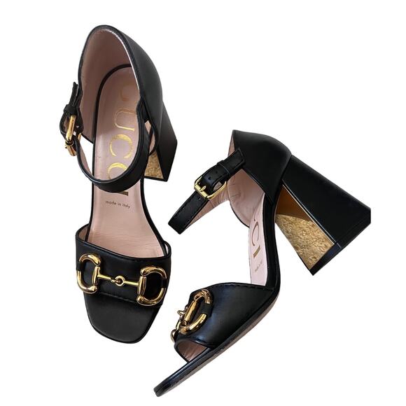 Gucci Shoes - Gucci Horsebit Leather Baby Block Heel Gold Accent Sandals Size 37 / 7